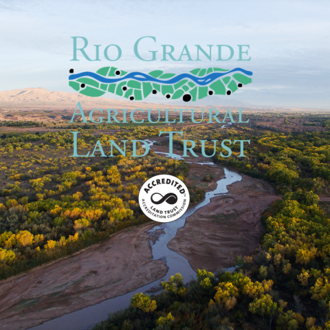 Rio Grande Agricultural Land Trust Logo over an aerial view of the Rio Grande River