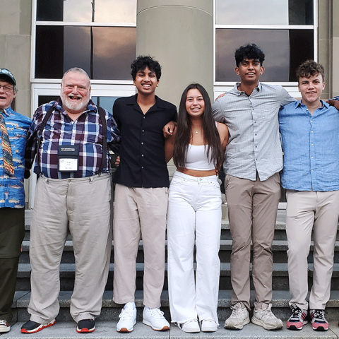 Chaperones Peter Stetson and Paul Dolan (RIRC&D Coordinator) and RI Envirothon Champs from The Wheeler School (left to right) Rohan Jayaraman, Aila Bojarski, Amol Rathore, Boo Paradiso, and Myles Johnson tour New Brunswick.