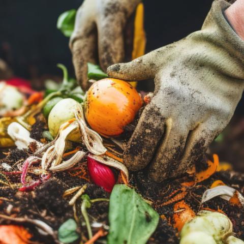 Man with work gloves handling fruit and vegetable compost in large bin