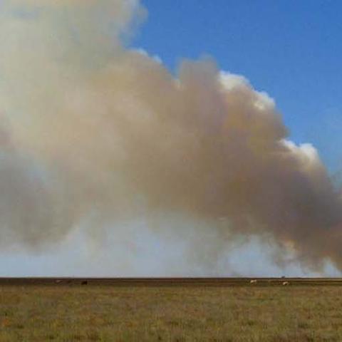 Long distance photo of smoke billowing up from a fire on the plains