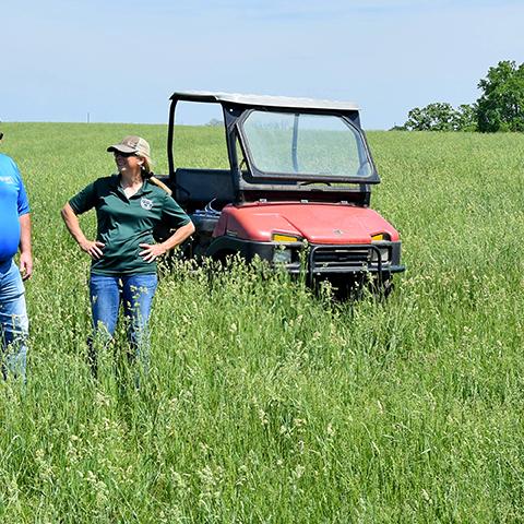 NRCS Grazing Specialist Jeff Matthias talks to a southeast Iowa producers about her grazing system and pasture.