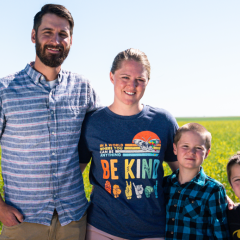 Organic farmers Michael and Emily Deakin with their sons on Deakin Farms. Pondera County, MT.