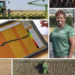 A collage of NRCS farmers and staff, with one collage element showing a tablet view of a web page.