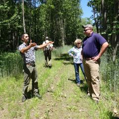 Conservationists discuss conservation objectives and goals while standing on a road in the forest in Grafton County, N.H.