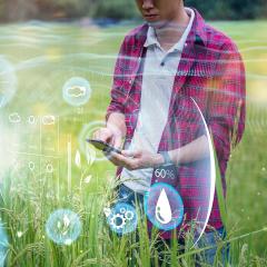 Young Asian man standing in a field tapping on his smartphone; overlay shows weather data, to suggest what he's looking at on his phone