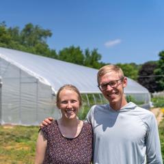 Kate Friesen and Scott Kempf, pictured June 29, 2022, founded Singletree Flower Farm in Goshen, Indiana in 2018. They sell flowers through a CSA, at local farmers’ markets and for special events. Friesen and Kempf received assistance through USDA’s Natural Resources Conservation Service’s Environmental Quality Incentives Program (EQIP) to add a high tunnel and hedgerow to the farm. (NRCS photo by Brandon O’Connor)