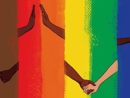 LGBTQ flag with people holding hands overlaid