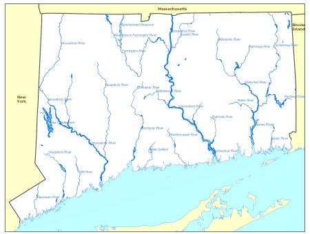 Map of Connecticut showing the state's rivers (in blue)