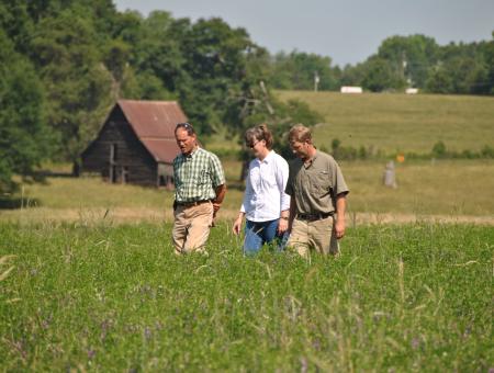Picture of a woman flanked by two males walking in a North Georgia cow pasture with knee high grass and an old barn in the background.