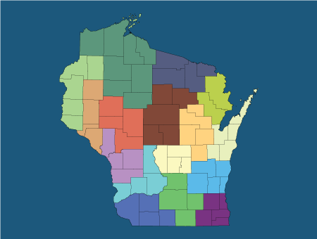 Colorful map of Wisconsin sectioned by Local Working Group Areas