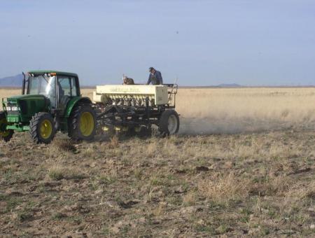 seeding a field with drill and tractor