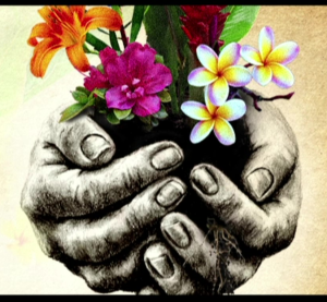 Painting of Hands holding tropical flowers
