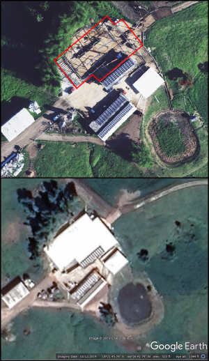 Aerial photo of Morovis dairy barn after destroyed roofs and covers removed (top) and at bottom, Aerial photo of the dairy showing cattle safely covered after implementing NRCS' Roofs and Covers practice in Oct. 2019.