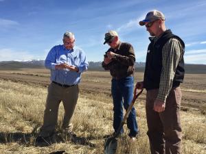 three men standing in a field