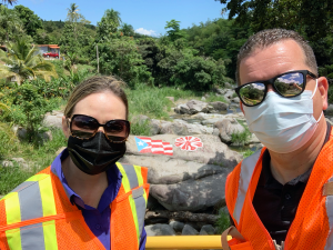 Caribbean EWP Coordinator Lisbeth San Miguel and Resource Conservationist Jayson Más conduct an EWP assessment at Puente Fabri in Maunabo, Puerto Rico.
