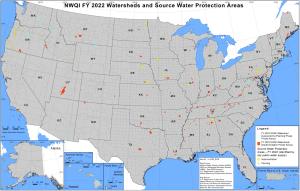 Map of NWQI FY22 watershed and source water protection areas across the U.S.