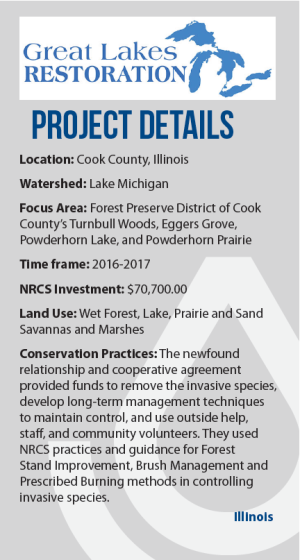 Project details Location: Cook County, Illinois Watershed: Lake Michigan Focus Area: Forest Preserve District of Cook County’s Turnbull Woods, Eggers Grove, Powderhorn Lake, and Powderhorn Prairie Time frame: 2016-2017 NRCS Investment: $70,700.00 Land Use: Wet Forest, Lake, Prairie and Sand Savannas and Marshes Conservation Practices: The newfound relationship and cooperative agreement provided funds to remove the invasive species, develop long-term management techniques to maintain control, and use outside