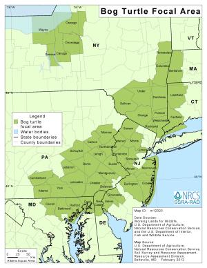 A map of the target area in New Jersey for bog turtles. 