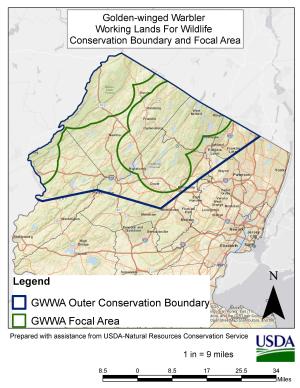 A map showing the target area for the Golden-winged warbler in New Jersey. 
