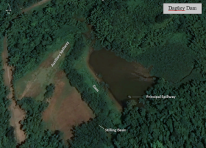 Annotated aerial photo of Daguey Dam and surrounding area in Anasco, PR.