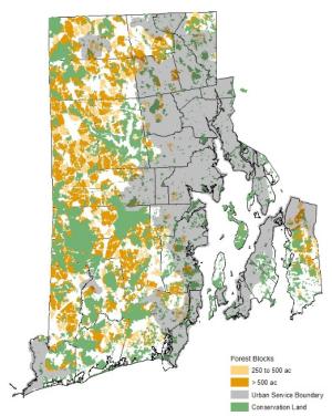 Rhode Island core forest blocks by area, RIDEM, 2020.