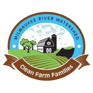 MKE River Watershed logo, graphic black and white barn on a green and brown field, brown banner "Clean Farm Families" along the bottom of the image