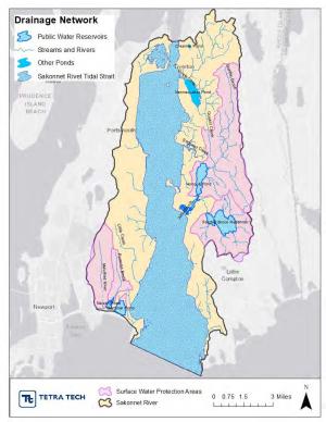 Rivers, streams, and other waterbodies within the Sakonnet River watershed in eastern Rhode Island.