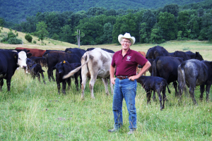 Farmer and author, Joel Salatin, stands among his pastured cattle on his Polyface Farm in Swoope, Virginia.