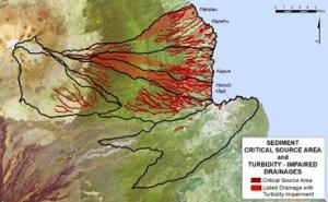 A map displaying Sediment Critical Source Area and Turbidity - Impaired Drainages.