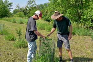 Andrew Welch and Jon Bakehouse inspect a new tree planting.