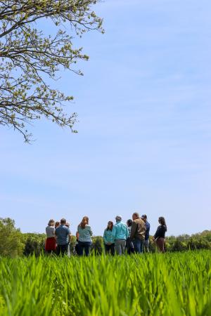 Group of people standing in a circle talking on a sunny blue sky day with grass growing in the foreground and a tree poking in from the side of the shot.