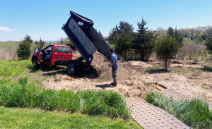 Dump truck places soil to build terrapin habitat at Rocky Hill school WRE site in Warwick, RI, July 2024.