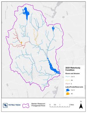 Impaired waterbodies in the Barden Reservoir-Ponaganset River watershed. Impairment categories include 4A: Impaired waterbody with approved TMDL, 4C: Impairment is not caused by a pollutant and 5: Impaired waterbody requiring a TMDL.