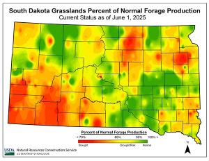 Heatmap of percentage of normal forage production for SD as of June 1, 2025
