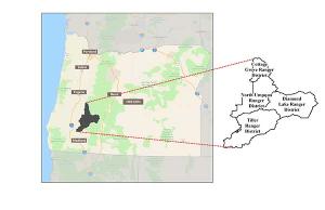 A map of the Umpqua National Forest and its Ranger Districts.