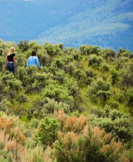 A ranch family walks together across a sagebrush steppe hillside in Western Montana