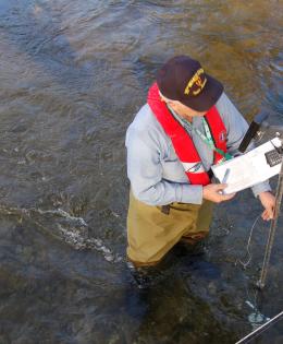 Ron Shields, retired USGS, demonstrates computing stream discharge.