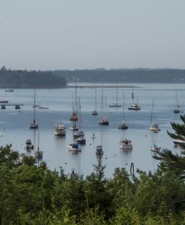 Mt. Desert Island and Ellsworth area, Maine, on July 10, 2018.  The island includes the towns of Bar Harbor, Northeast Harbor and more. Just offshore, outside the Mt Desert harbor, is Bear Island. Ferries and water taxis transport mail, supplies, residents and tourists to the nearby Cranberry Isles (Great Cranberry, Islesford (Little Cranberry), and Sutton.  Cranberry Isles are the five islands of Great Cranberry, Islesford (Little Cranberry), Sutton, Baker and Bear. Buoys dot the surrounding waters where l