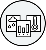 Black line icon of data and reports with thermometer, graph and rain cloud