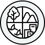 black line icon of mountains, trees, city and water