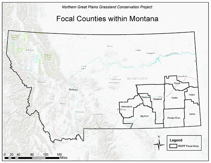 Map showing focal counties of Yellowstone, Big Horn, Rosebud, Treasure, Carter, Custer, Powder River, Fallon, and Prairie