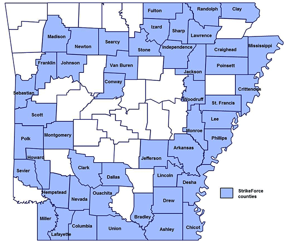 Map of 2014 Arkansas USDA StrikeForce Counties
