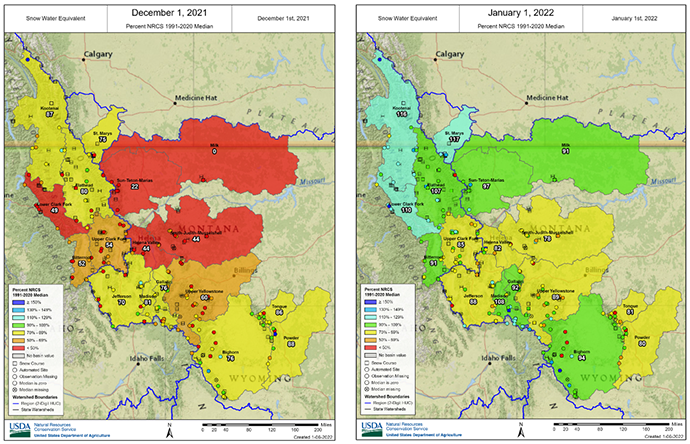 Snow Survey Maps showing snow water equivalent in December 2021 versus January 2022.