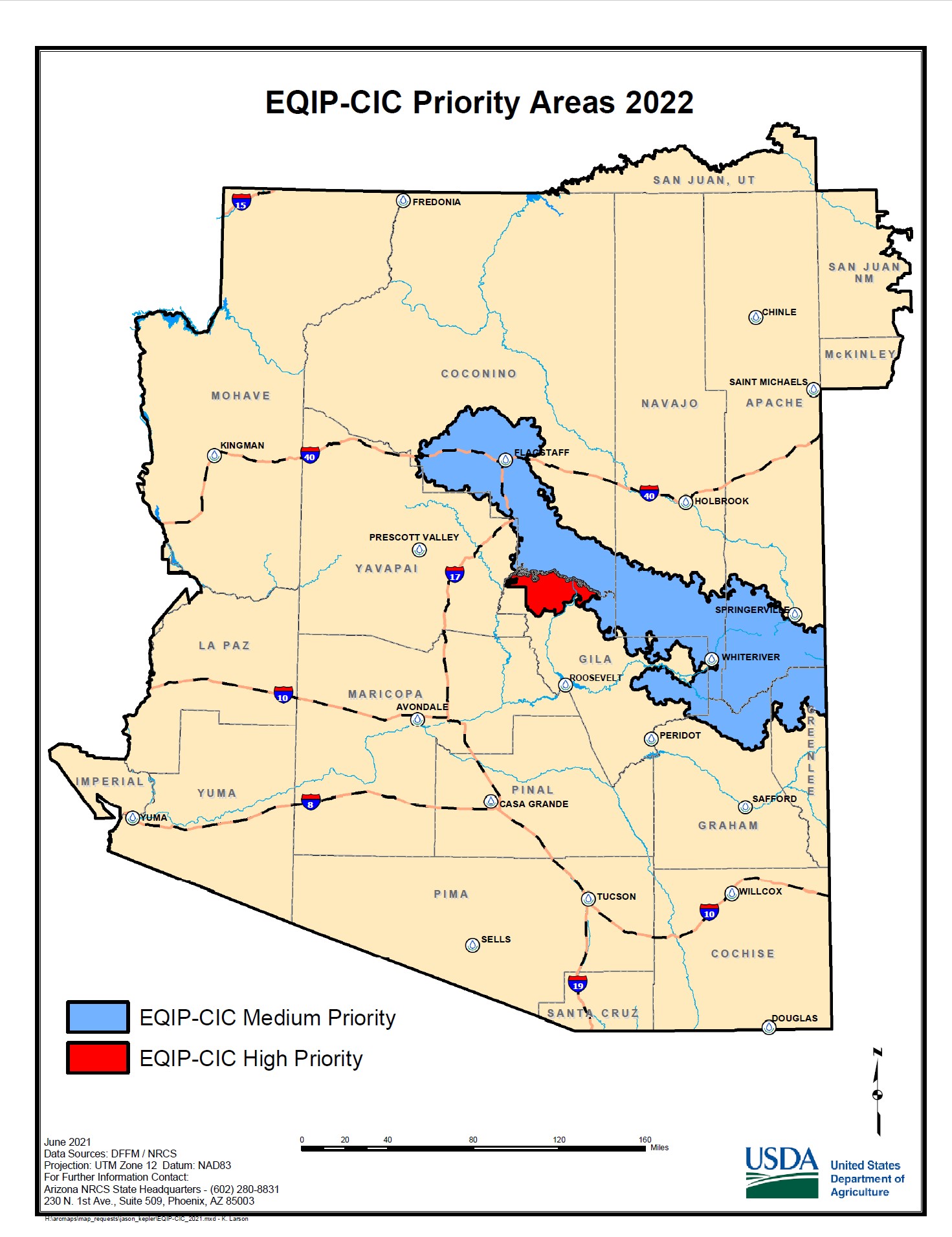 Arizona map identifying the EQIP-CIC Priority Areas for 2022