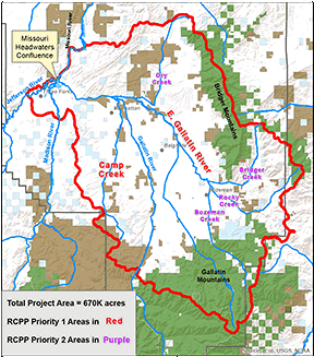 Map of Missouri Headwaters and Lower Gallatin Basin RCPP Project