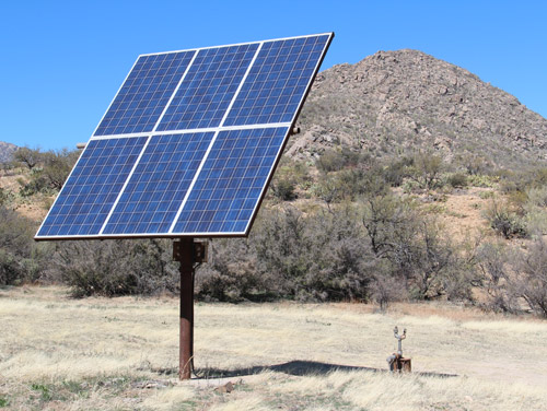 The largest solar pump on Anvil Ranch pumps seven to eight gallons of water per minute!