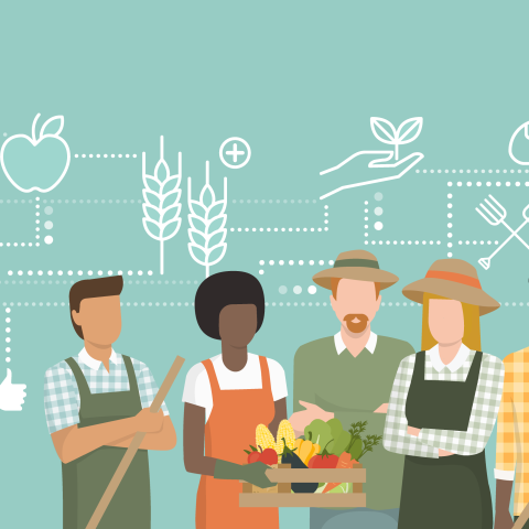Illustrated group of diverse farmers collaborating together.